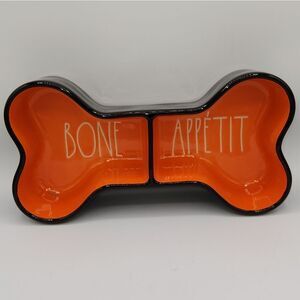 Rae Dunn BONE APPETIT black and orange bone shape Halloween dog dish